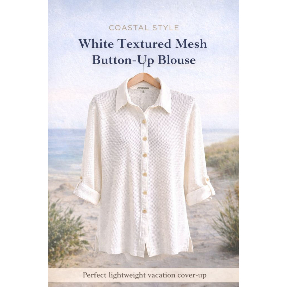 White Textured Mesh Button Up Blouse L Lightweight Coastal Grandma Resort Top